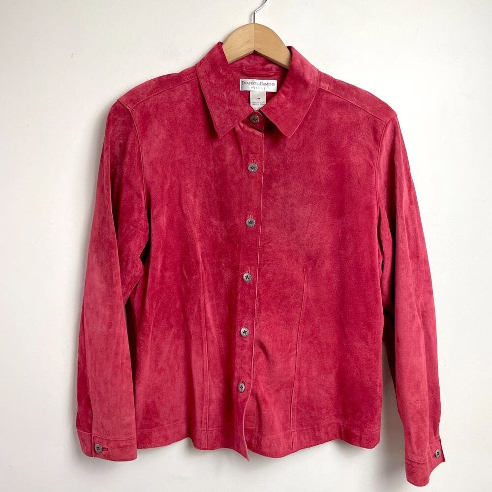 Vintage 90s Red Suede Leather Shirt Shacket Sz PM Quiet Luxury Minimalist‎